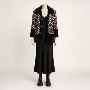 Vintage 60s 70s Tapestry Carpet Coat Faux Fur Gold Buckle Penny Lane Boho Mod